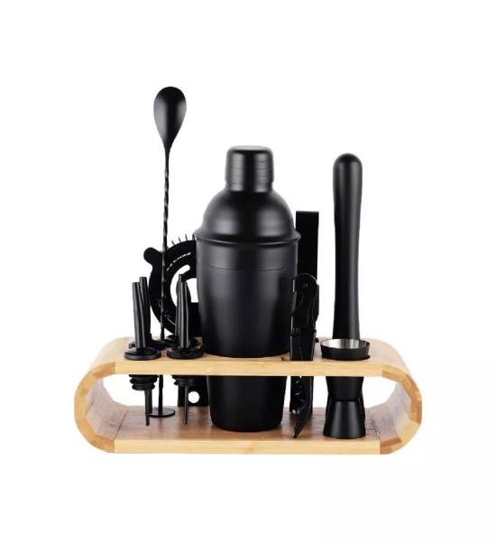 Cocktail Shaker Black cu 11 Accesorii si Suport Bambus - Gift Set