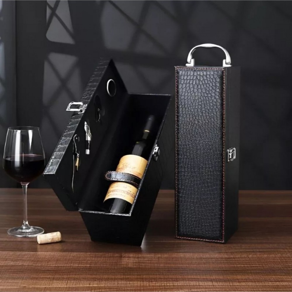 Cutie neagra din piele ecologica crocodil pentru 1 sticla de vin cu accesorii incluse