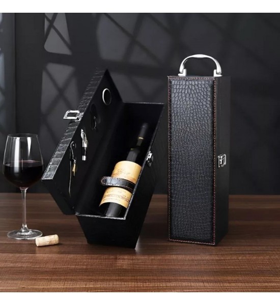 Cutie neagra din piele ecologica crocodil pentru 1 sticla de vin cu accesorii incluse - Wpg.ro Produs - Cutie neagra din piele ecologica crocodil pentru 1 sticla de vin cu accesorii incluse - Wpg.ro