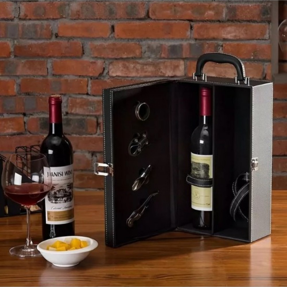 Cutie neagra pentru 2 sticle de vin cu accesorii incluse din piele ecologica