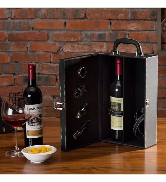 Cutie neagra pentru 2 sticle de vin cu accesorii incluse din piele ecologica - Wpg.ro Produs - Cutie neagra pentru 2 sticle de vin cu accesorii incluse din piele ecologica - Wpg.ro