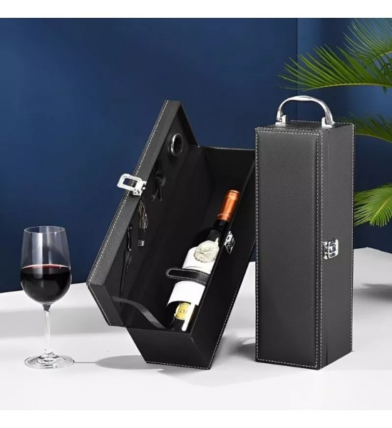 Cutie neagra din piele ecologica pentru 1 sticla de vin cu accesorii incluse - Wpg.ro Produs - Cutie neagra din piele ecologica pentru 1 sticla de vin cu accesorii incluse - Wpg.ro