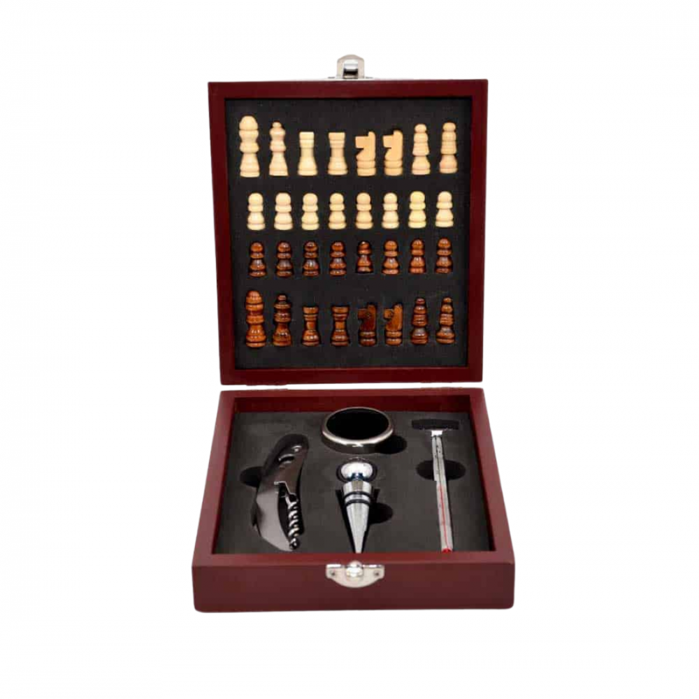 Set 4 accesorii pentru vin in cutie sah