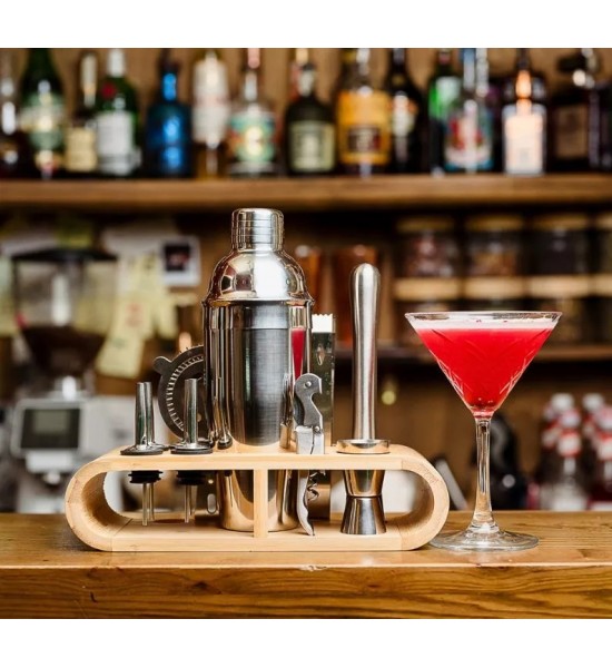 Set cocktail shaker argintiu cu 11 accesorii 750ml si suport din bambus Set cocktail shaker argintiu cu 11 accesorii 750ml si suport din bambus